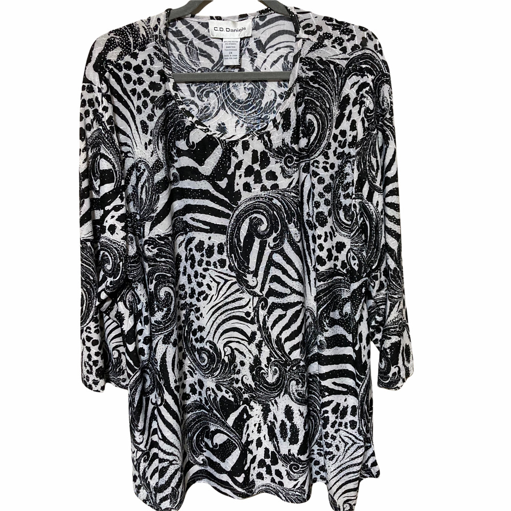C.D. Daniels Womens Floral Open Front Cardigan Plus Size 2x Black White